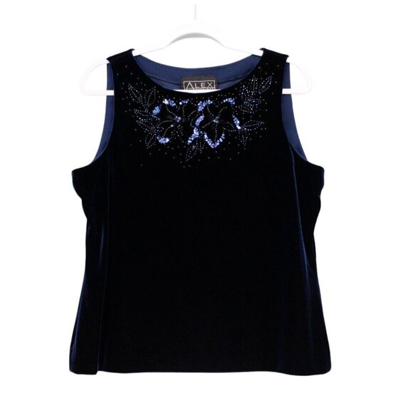 Alex Evenings Sleeveless Blouse XL Blue Velvet Sequin Beaded Whimsigoth Fairy - Picture 1 of 10